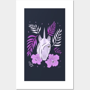 Unicorn and Hibiscus Pink Blue Floral Pattern Posters and Art